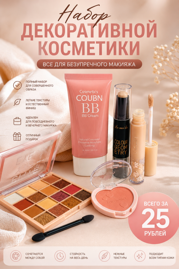 Набор декоративной косметики для макияжа — BB-крем, консилер, палетка теней и румяна