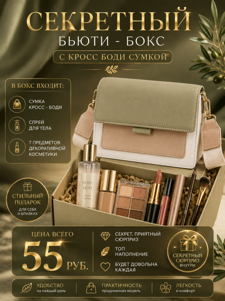 Секретный бьюти-бокс с сумкой Cross-body — косметика и спрей для тела