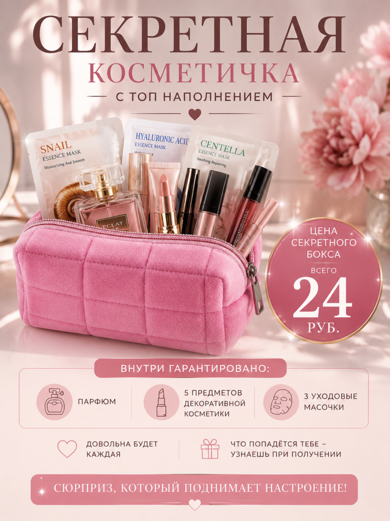 Секретная косметичка с косметикой — бьюти-бокс сюрприз с парфюмом и уходом
